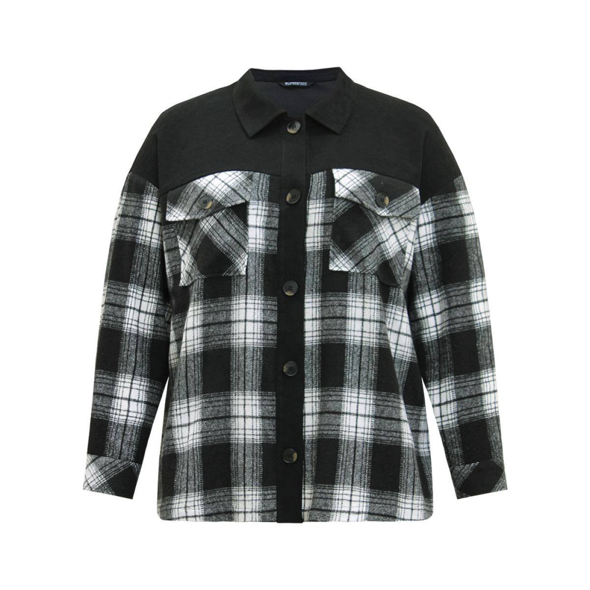 Plus Size Plaid Patchwork Patched Pocket Button Through Shacket Women Black Casual Contrast Ladies Dailywear Winter Coats BloomChic 18-20/2X Product Image