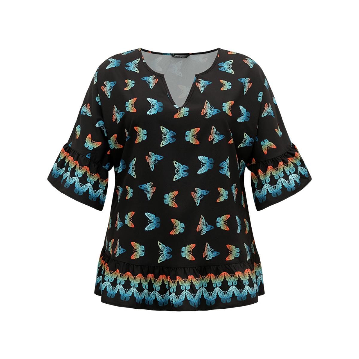 Plus Size BlackFlower Butterfly Notched Bell Sleeve Gathered Blouse Women Vacation Elbow-length sleeve Notched collar Dailywear Blouses BloomChic 30/6X Product Image