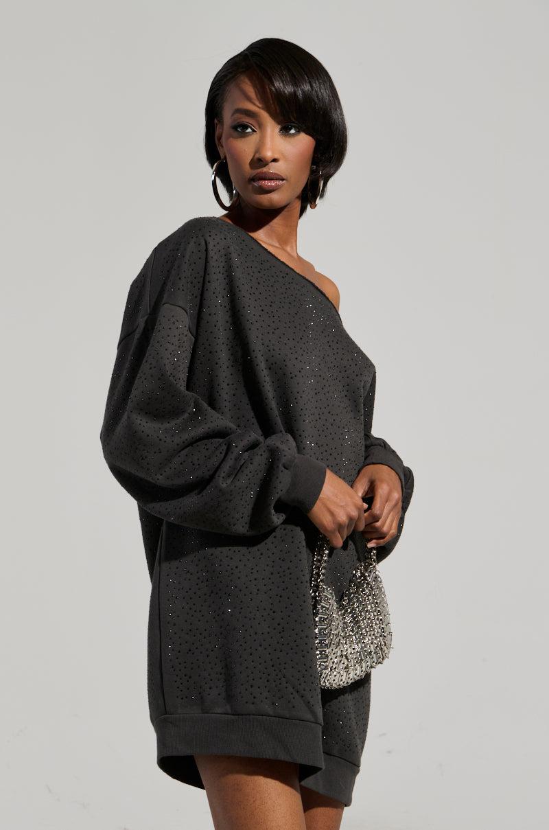STREET STYLE OVERSIZED RHINESTONE SWEATSHIRT DRESS Product Image