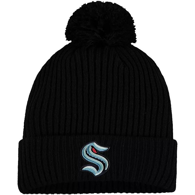 Men's Fanatics Branded Black Seattle Kraken Primary Logo Cuffed Knit Hat with Pom, Krk Black Product Image
