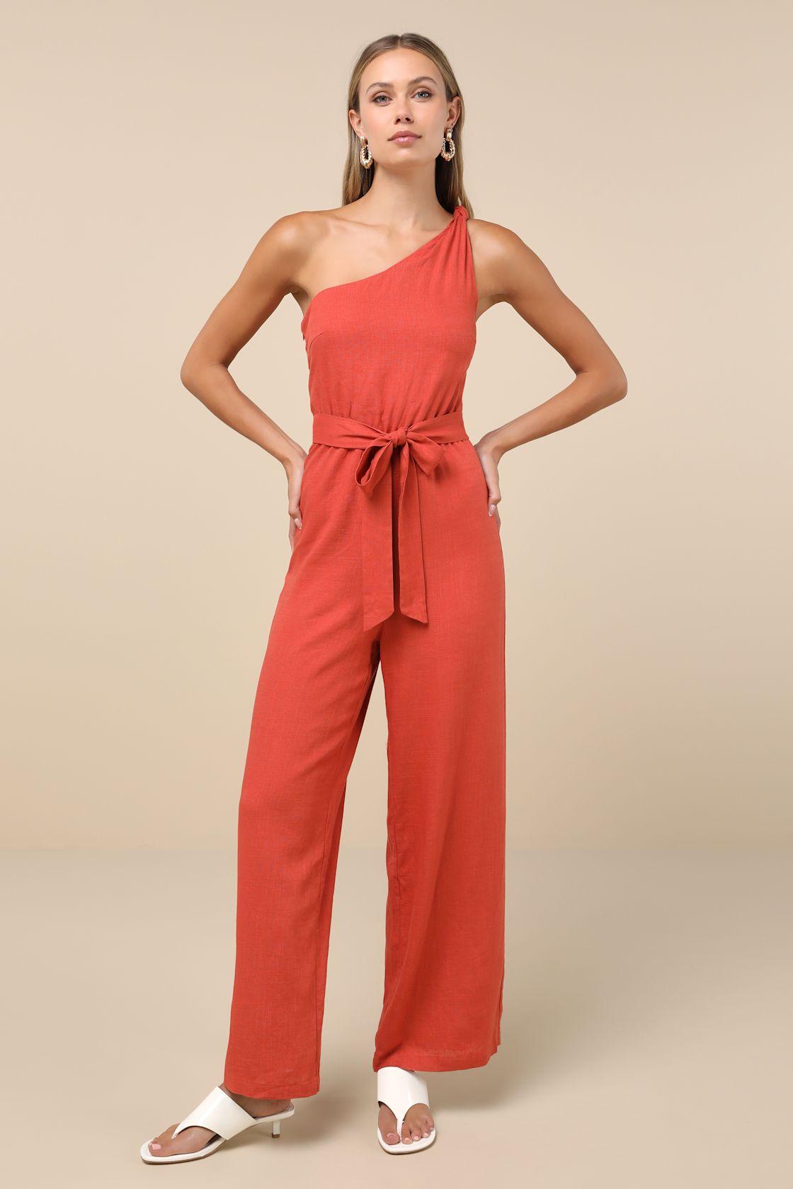 Revered Chicness Rust Red Linen One-Shoulder Jumpsuit Product Image