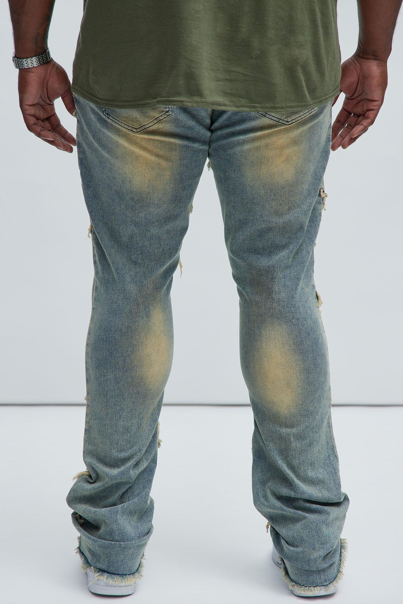 Frayed Patches Stacked Skinny Flare Jeans - Vintage Blue Wash Product Image