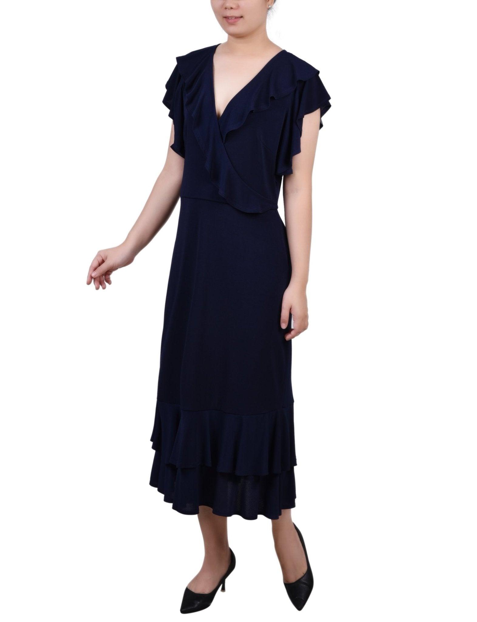 Navy Short flutter Sleeve Ruffle Neck Dress - Petite Product Image