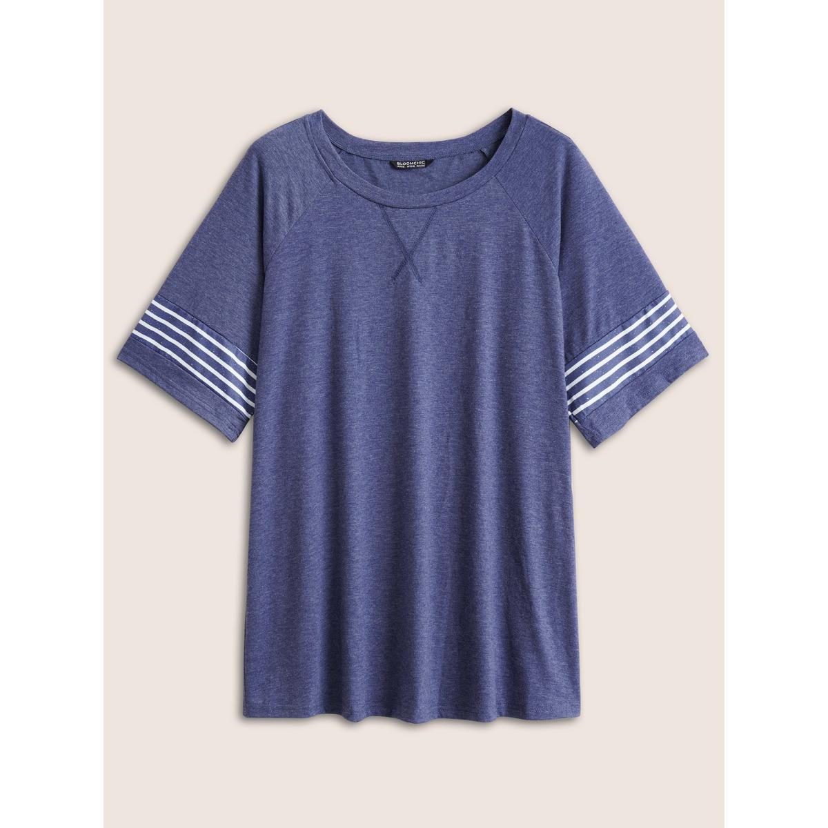 Plus Size Striped Contrast Raglan Sleeve Crew Neck T-shirt Indigo Women Casual Plain Everyday T-shirts BloomChic 14-16/1X Product Image