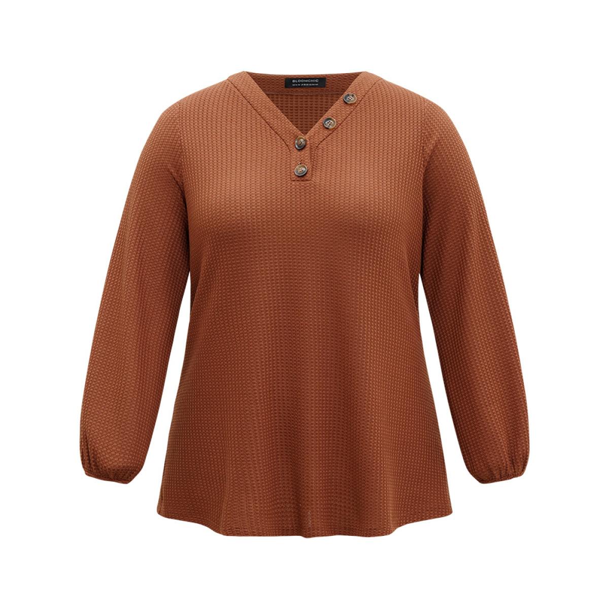 Plus Size Halloween Solid Waffle Knit Button Up Lantern Sleeve T-shirt Chocolate Women Casual Elastic cuffs Plain V-neck Festival-Halloween T-shirts BloomChic 28/5X Product Image