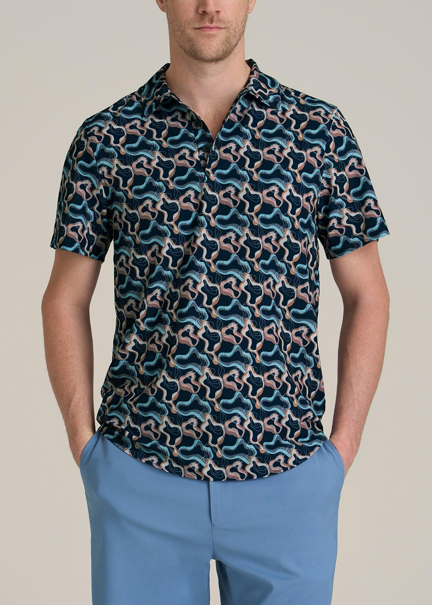 Coastal Perforated Polo Shirt for Tall Men in Blue and Rose Abstract Male Product Image