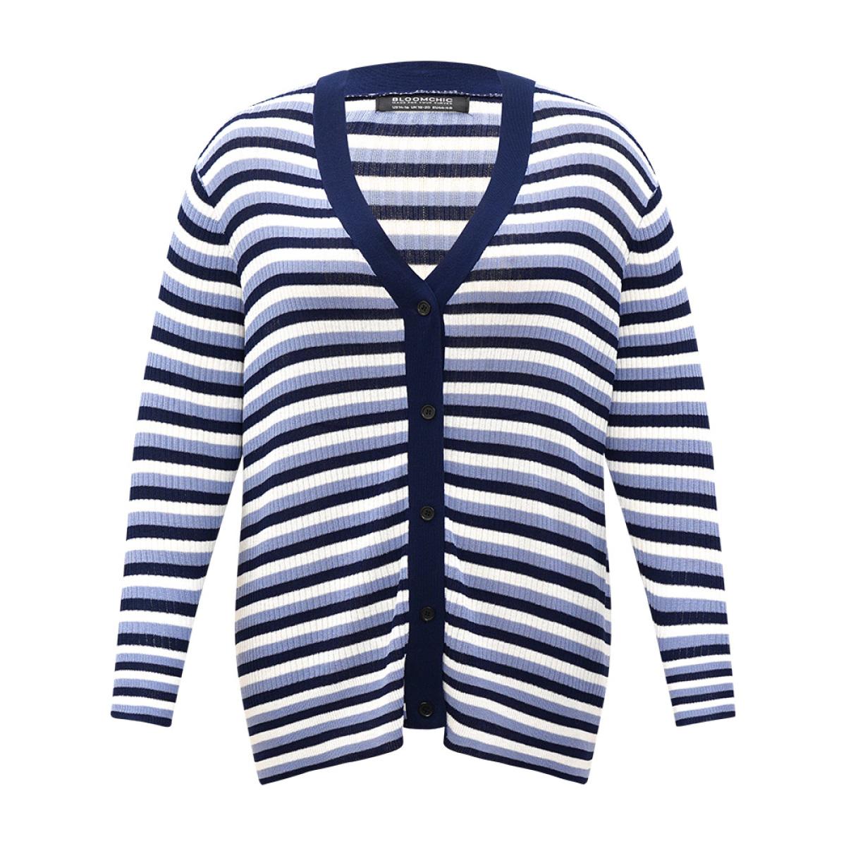 Plus Size Contrast Striped Rib Knit Button Through Cardigan Indigo Women Casual Loose Long Sleeve Dailywear Cardigans BloomChic 28/5X Product Image