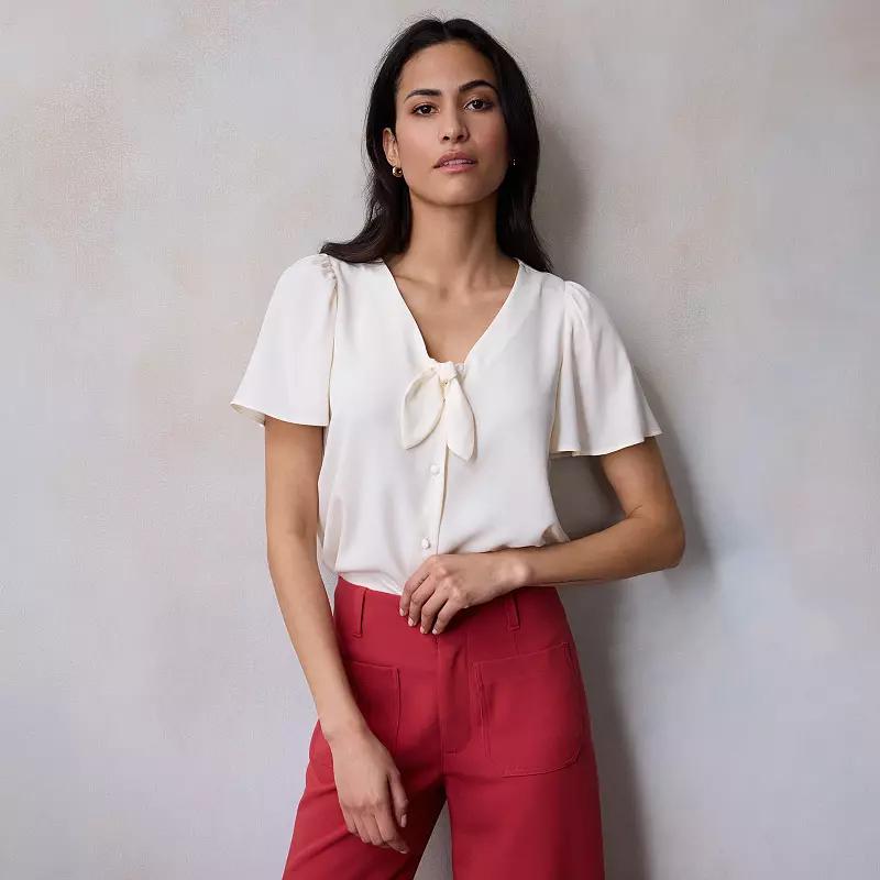 Petite LC Lauren Conrad Tie-Front Flutter Sleeve Top, Women's, Size: Large Petite, Ivory Silk Product Image