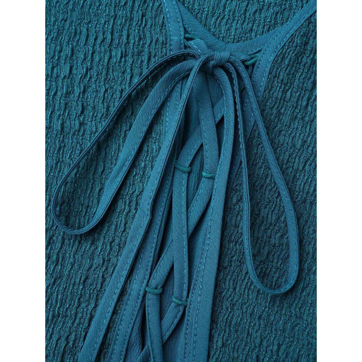 Plus Size Adjustable Drawstring Asymmetrical Hem Textured Dress Aegean Women Elegant Wraparound straps V-neck Elbow-length sleeve Curvy BloomChic 26/4X Product Image