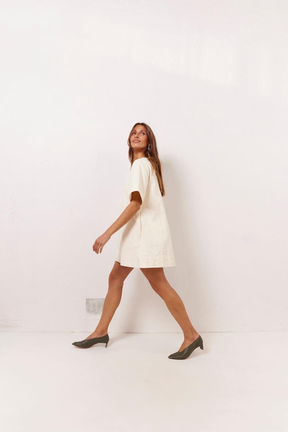 Suki Denim Mini Dress Cream Product Image