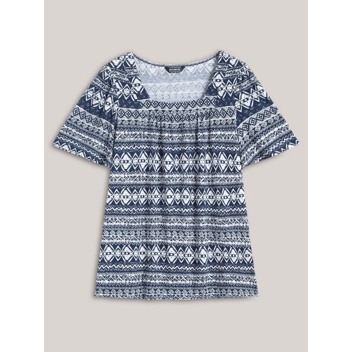 Plus Size Boho Print Square Neck T-Shirt Indigo Women Leisure Gathered Square Neck Casual T-shirts BloomChic 18-20/2X Product Image