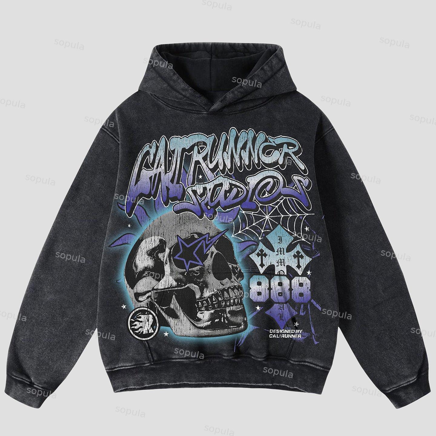 Vintage Flame Abstract Skull Graphic Acid Wash Oversized Hoodie Product Image