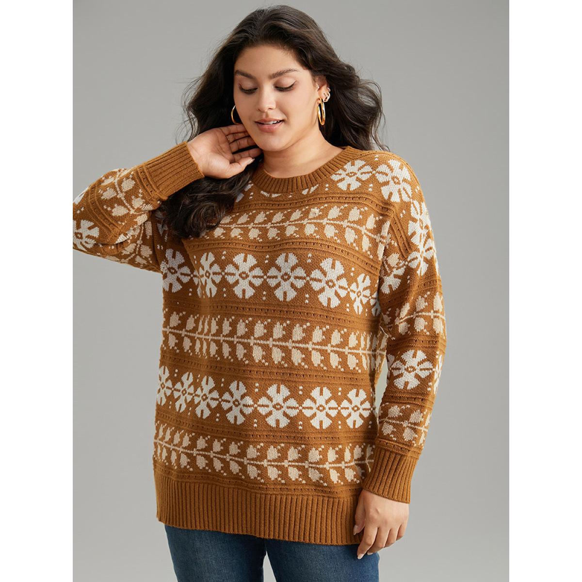 Plus Size Supersoft Essentials Anti-Pilling Geo Print Elastic Cuffs Pullover Chocolate Women Casual Loose Long Sleeve Round Neck Dailywear Pullovers BloomChic 10/M Product Image