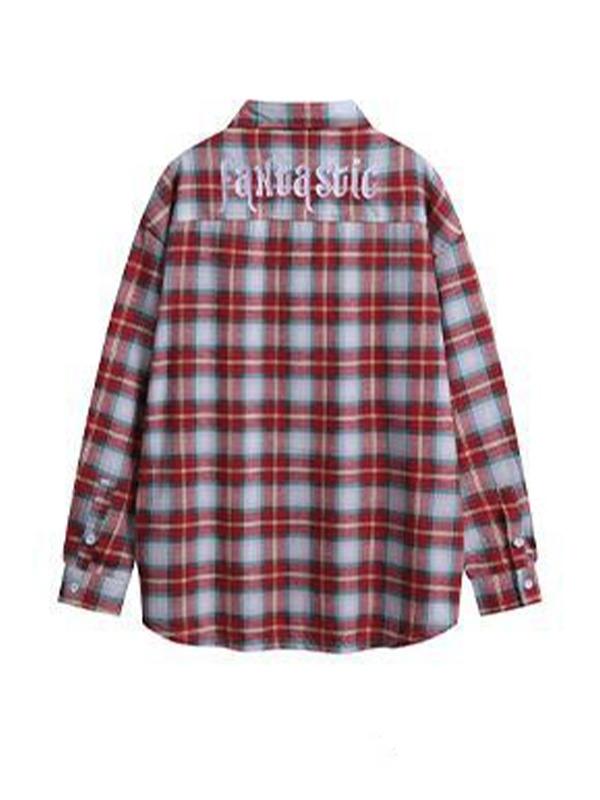 Men's Vintage Plaid Print Letter Embroidery Long Sleeve Blouse Product Image