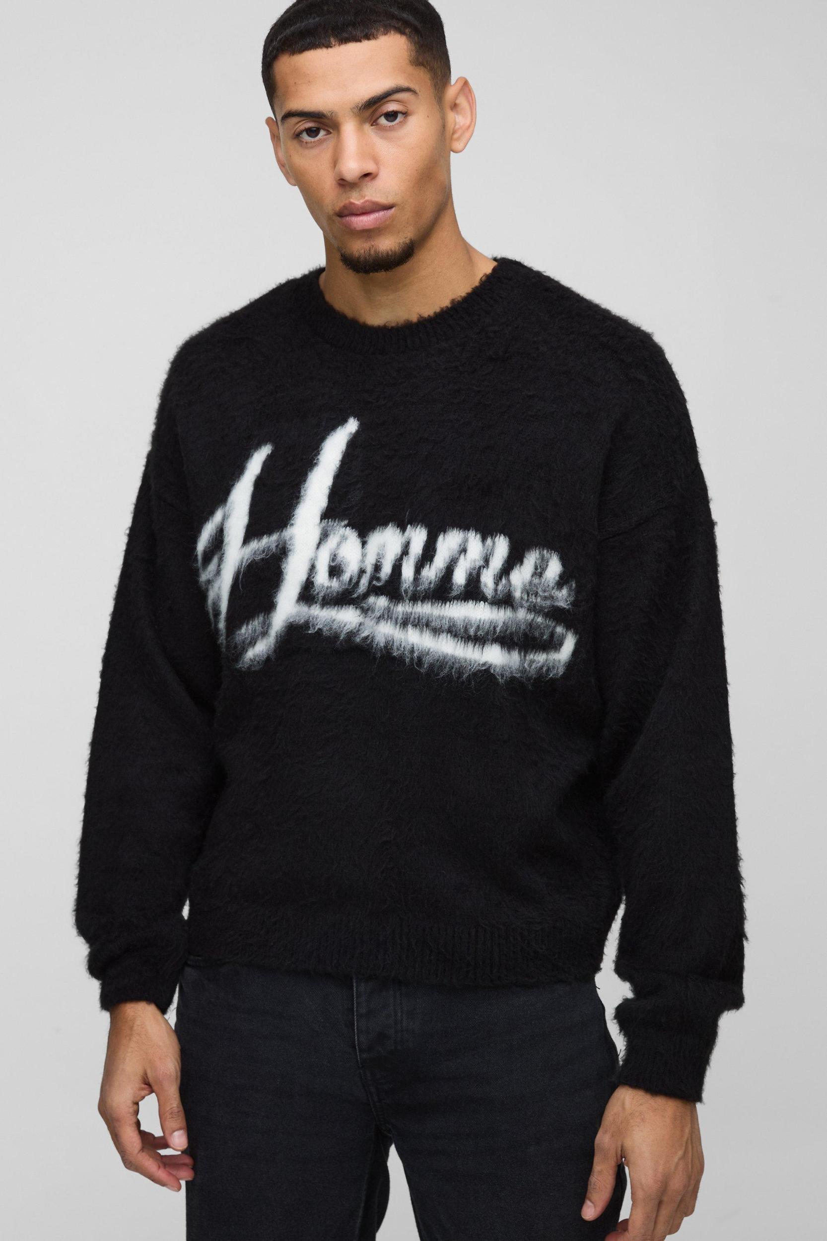 Homme Oversized Boxy Brushed Slogan Knitted Sweater | boohooMAN USA Product Image