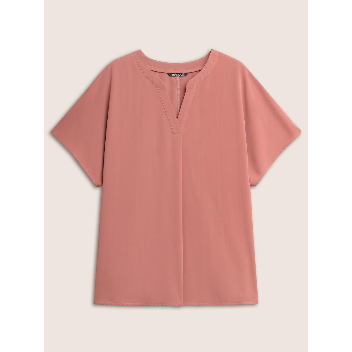 Plus Size DustyPink Plain Pleated Notched Dolman Sleeve Blouse Women Work From Home Short sleeve Notched collar Work Blouses BloomChic 18-20/2X Product Image