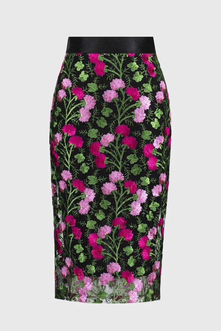 Novelty Floral Embroidered Pencil Skirt- Black/Multi Product Image