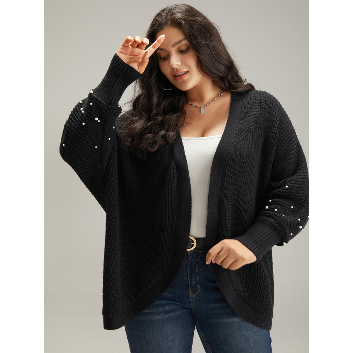 Plus Size Patchwork Pearl Beaded Curved Hem Cardigan Black Women Casual Loose Long Sleeve Dailywear Cardigans BloomChic 18-20/2X Product Image
