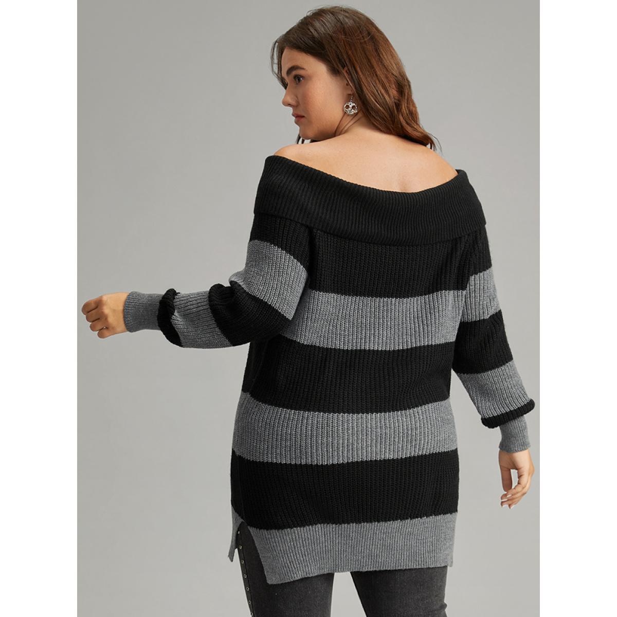 Plus Size Colorblock Drop Shoulder Lapel Collar Pullover Black Women Casual Loose Long Sleeve Lapel Collar Festival-Halloween Pullovers BloomChic 12/L Product Image