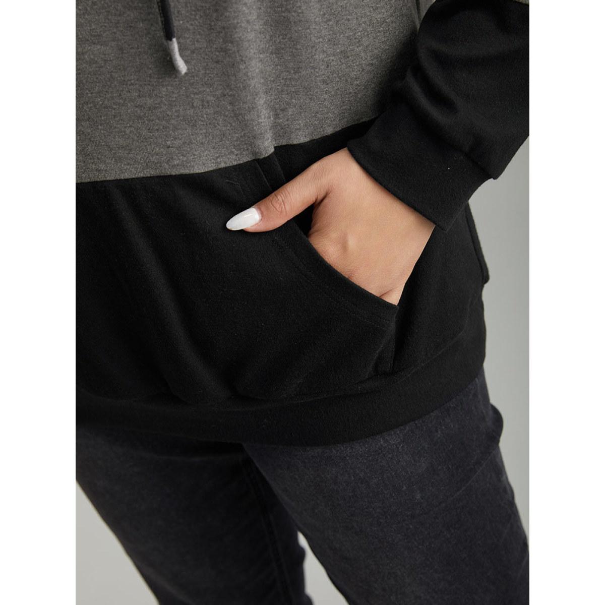 Plus Size Leopard Colorblock Contrast Hooded Drawstring Sweatshirt Women Black Casual Contrast Hooded Dailywear Sweatshirts BloomChic 10/M Product Image