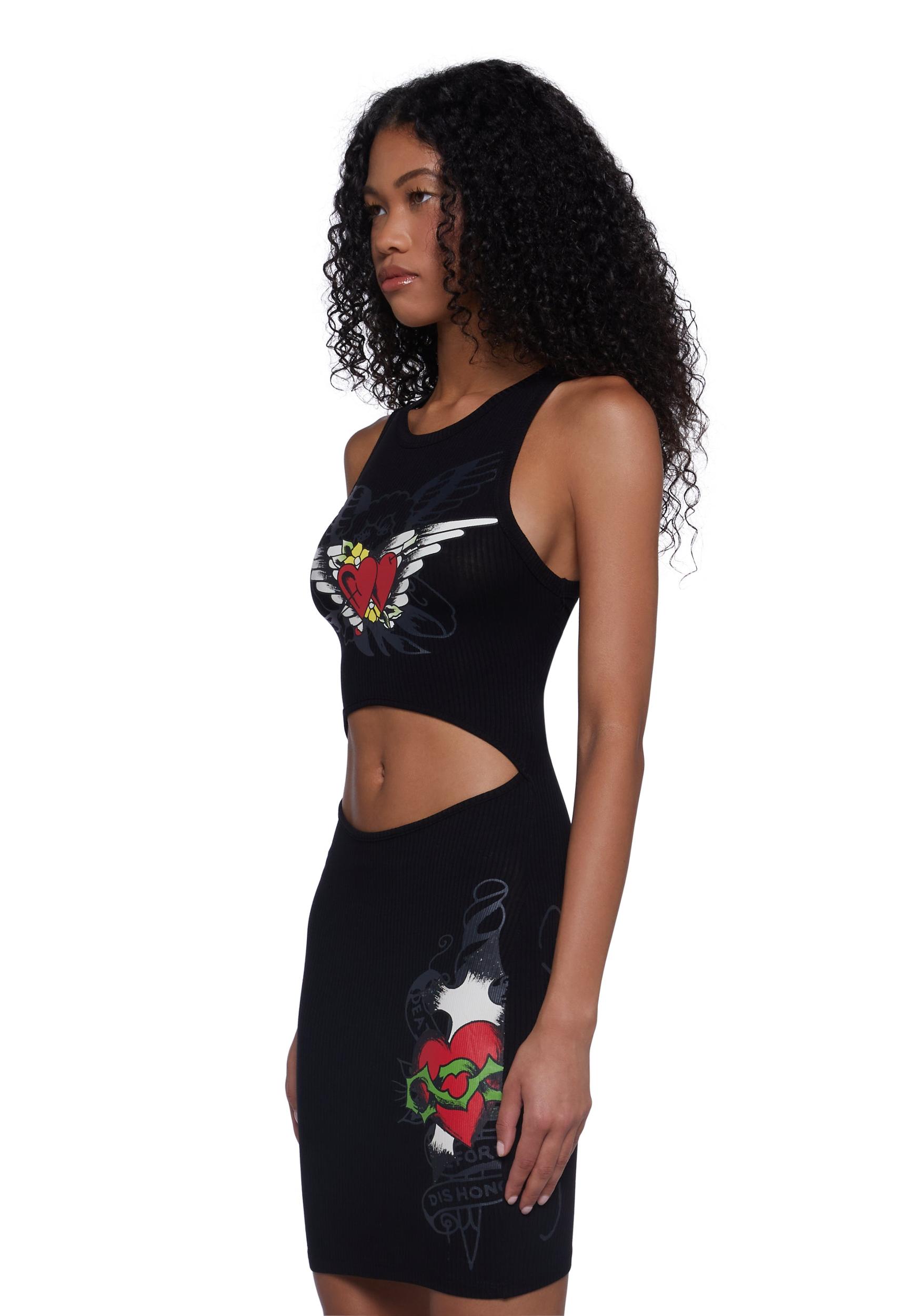 Ed Hardy Heart Wings Cut Out Ribbed Tank Dress - Black Product Image