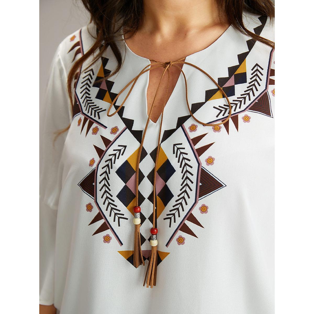 Plus Size White Bandana Patchwork Tassel Trim Flutter Sleeve Blouse Women Vacation Half Sleeve Tie Neck Vacation Blouses BloomChic 14-16/1X Product Image