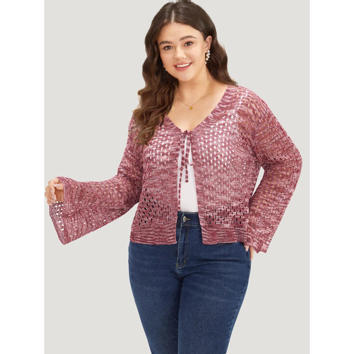 Plus Size Geometric Eyelet Bell Sleeve Ties Front Cardigan Maroon Women Casual Loose Long Sleeve Everyday Cardigans BloomChic 12/L Product Image