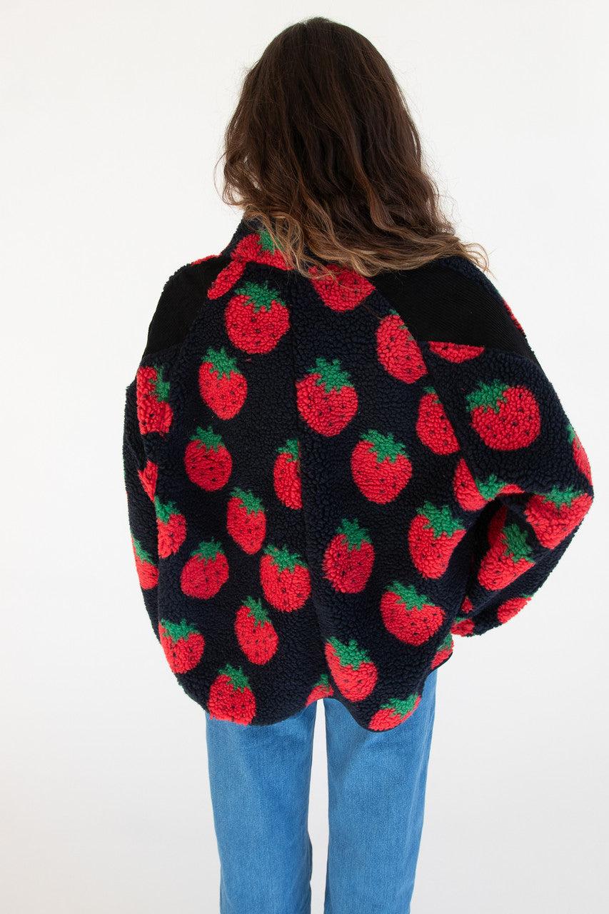 Fruit Pattern Corduroy Detail Faux Sherpa Jacket Product Image