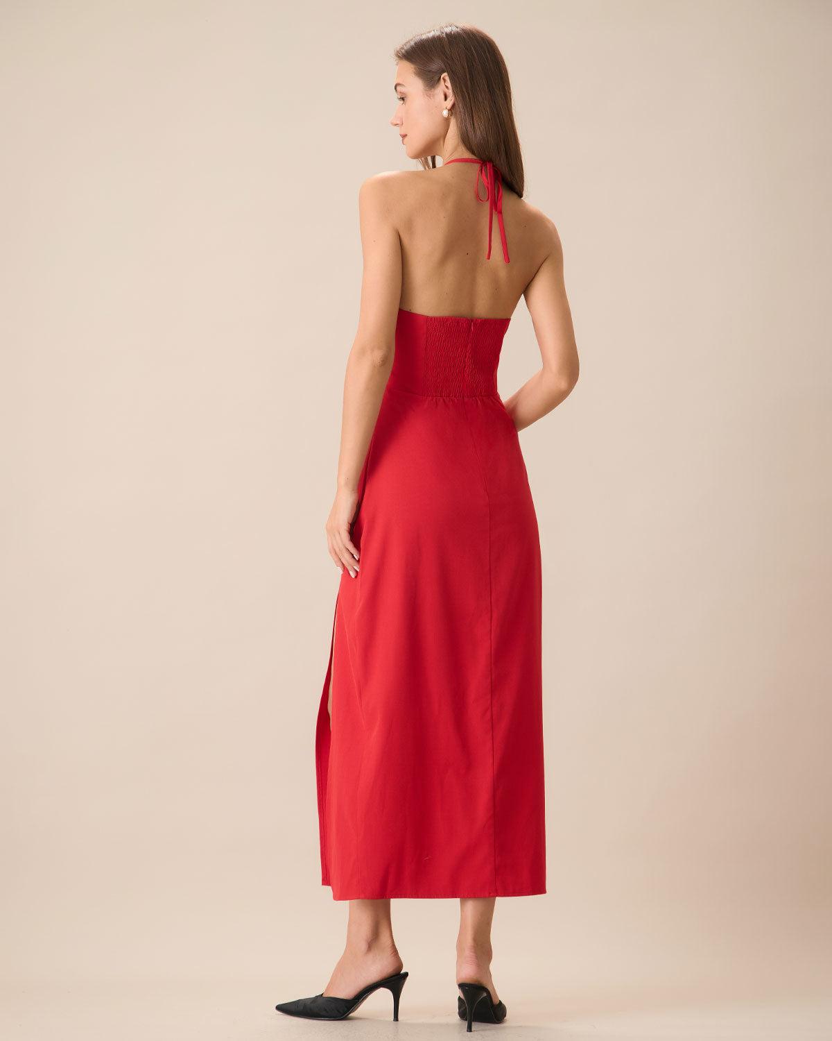Women's Red Shirred Halter Maxi Dress Female Product Image