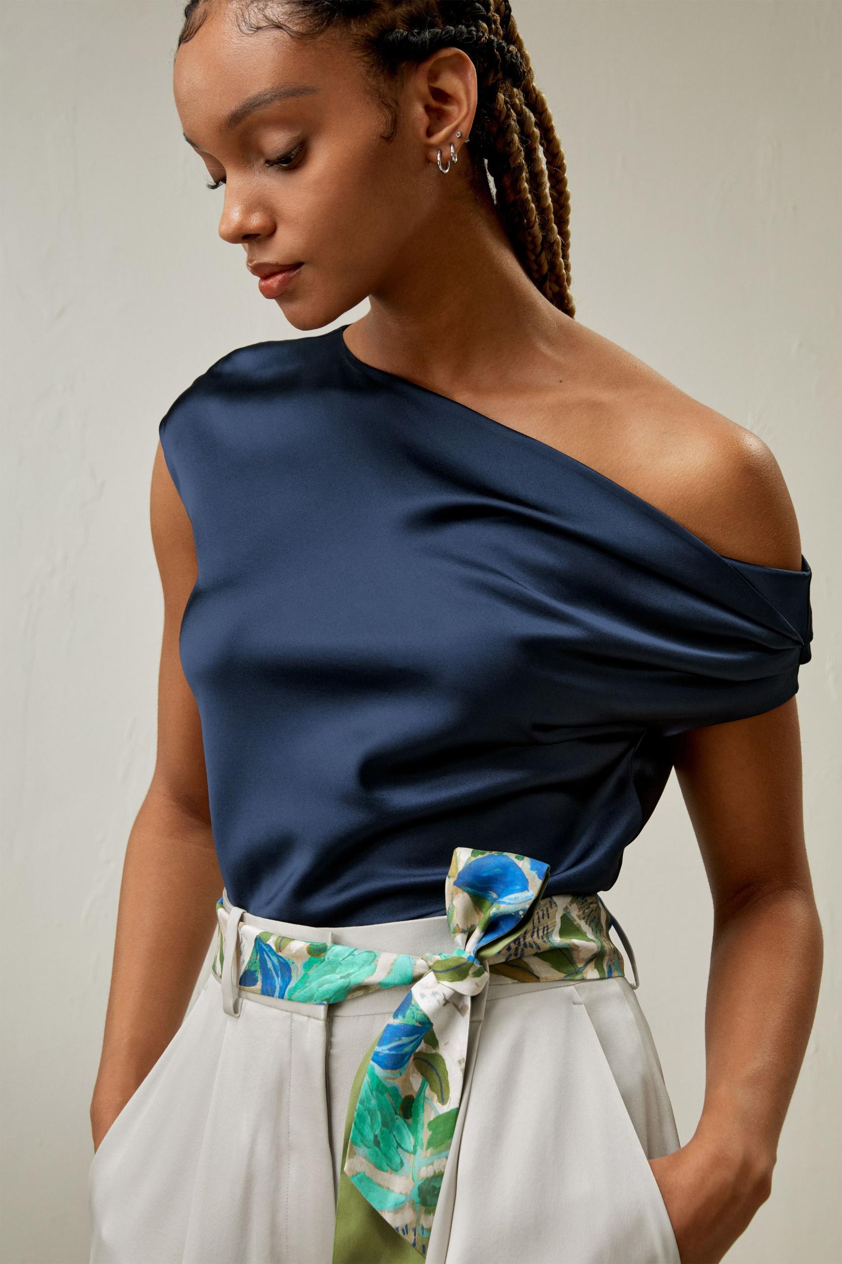 LILYSILK Female One Shoulder Silk Top - Silvergray Premium Silk - Perfect Wardrobe Staples Cowl Neck Silk Top 10 Product Image