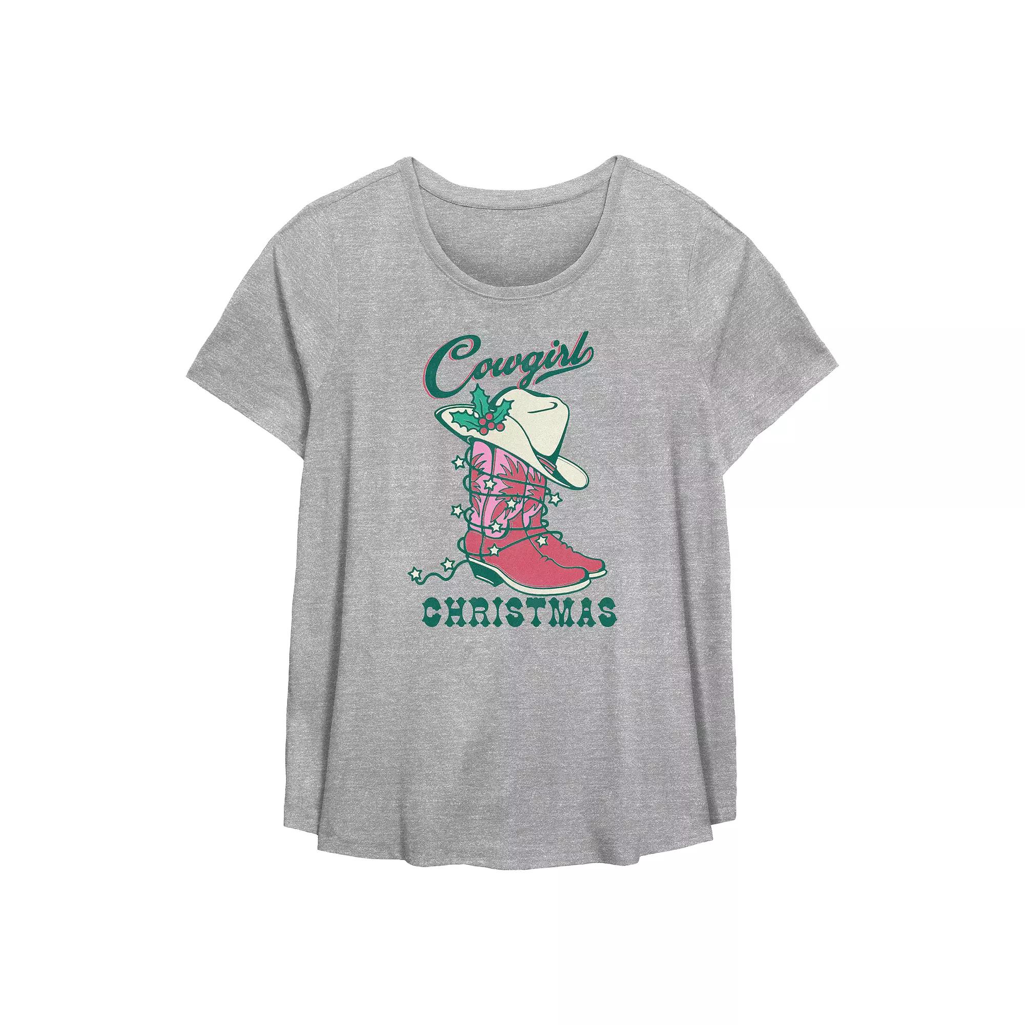 Plus Size Cowgirl Christmas Hat And Boots Flowy Graphic Tee, Women's, Size: 2XL, Grey Gray Product Image