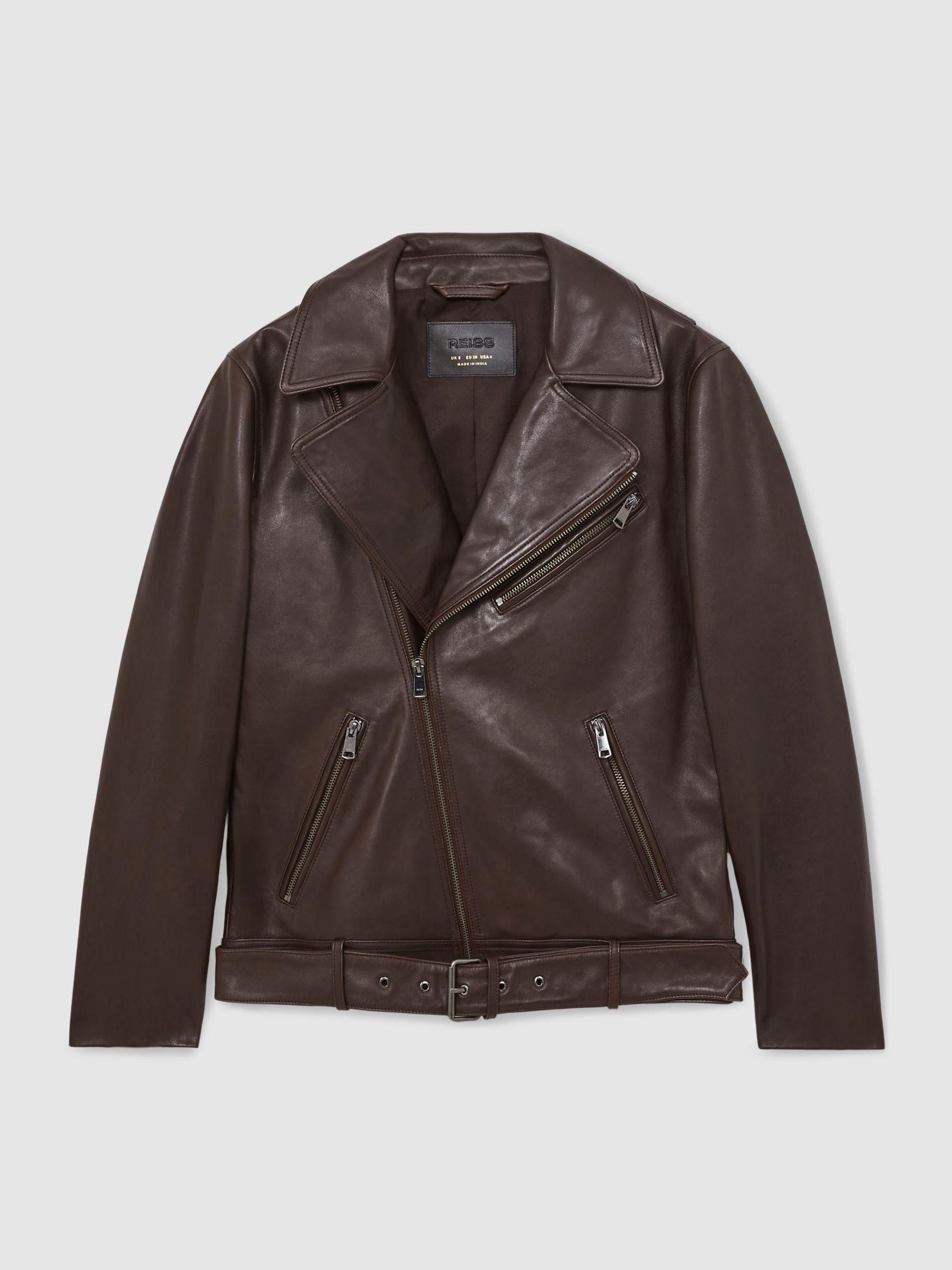 Leather Biker Jacket in Chocolate Brown Product Image