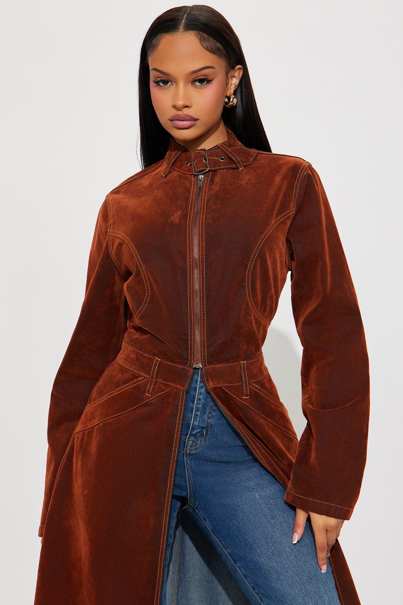 Take A Chance Flocked Denim Trench - Brown Female Product Image