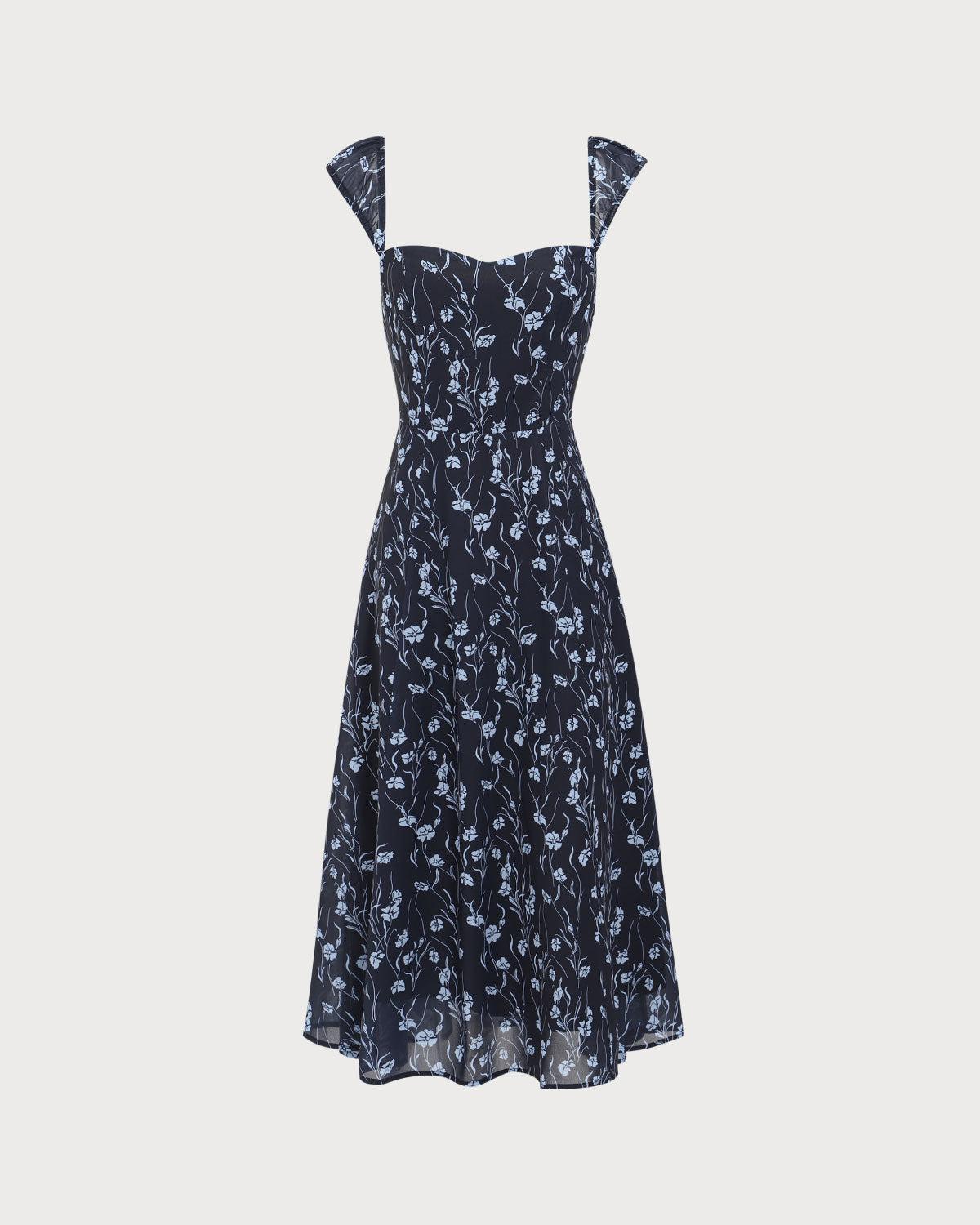 Navy Floral Sweetheart Neck Midi Dress Product Image