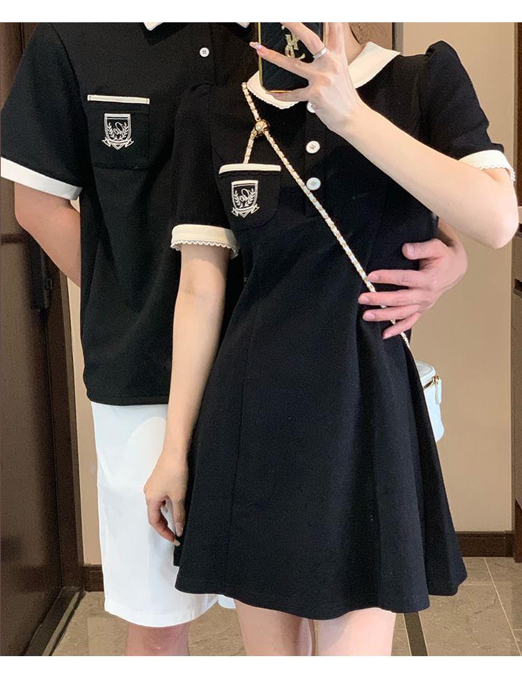 Couple Matching Short-Sleeve Collar Logo Contrast Trim Mini A-Line Dress / Polo Shirt / Mid Rise Plain Shorts Product Image