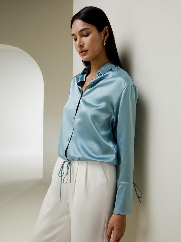 LILYSILK Womens Button Up Shirt Silk - Taupe Natural Silk - Fashionable Drawstring Shirt XL Product Image