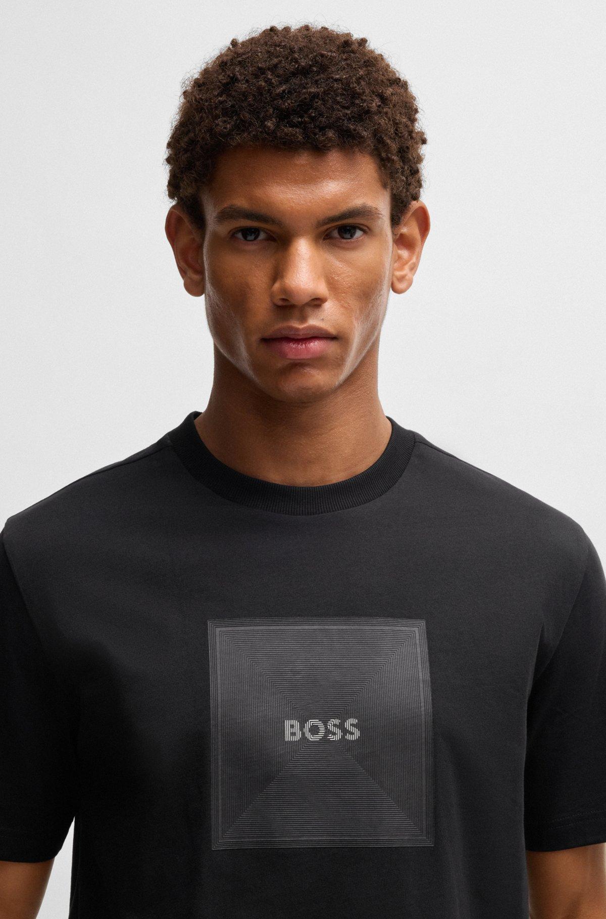 BOSS - Cotton-jersey T-shirt with fineline logo artwork - Black Product Image
