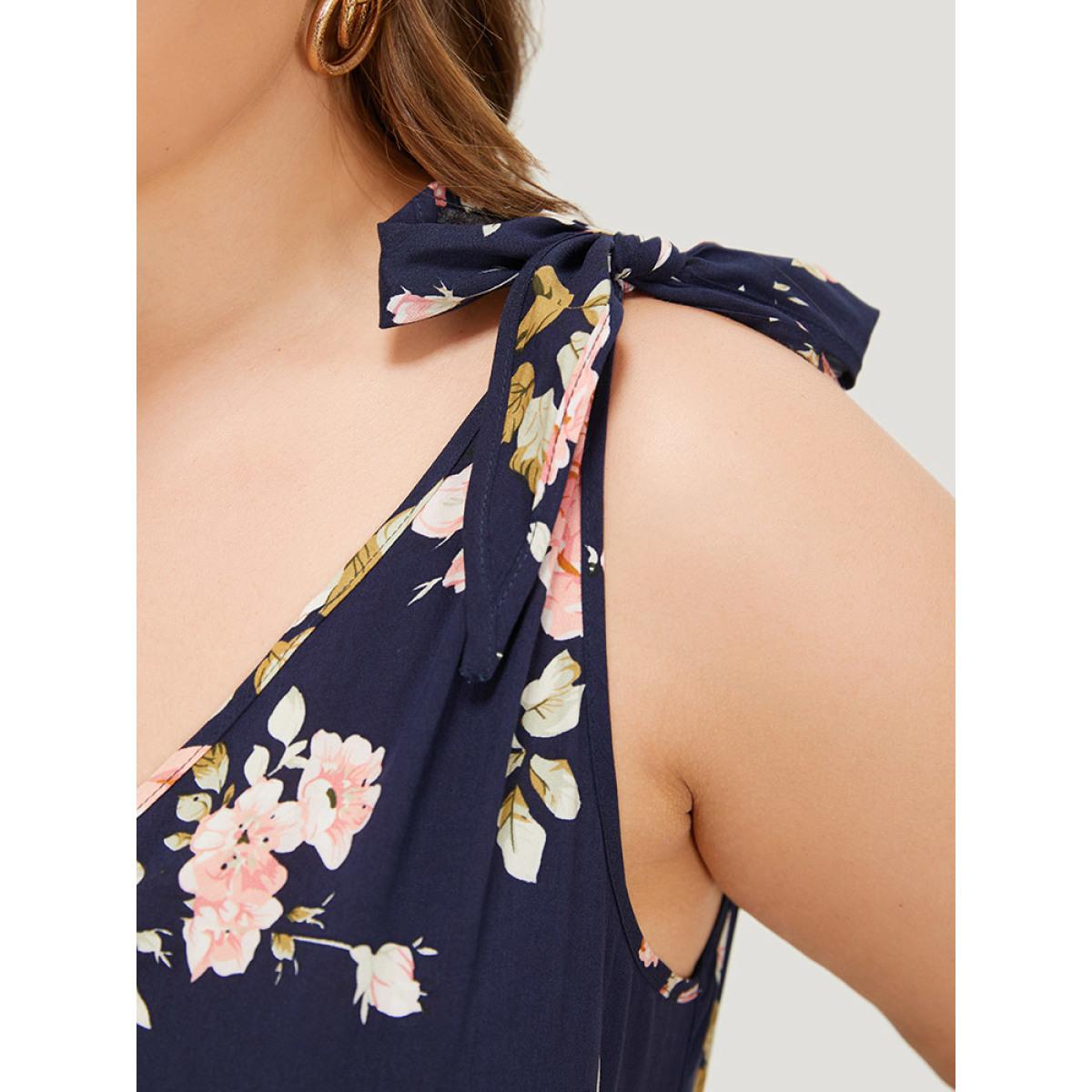 Plus Size DarkBlue Floral Belt Pocket Knot Shoulder Jumpsuit Women Elegant Sleeveless Spaghetti Strap Dailywear Loose Jumpsuits BloomChic 14-16/1X Product Image