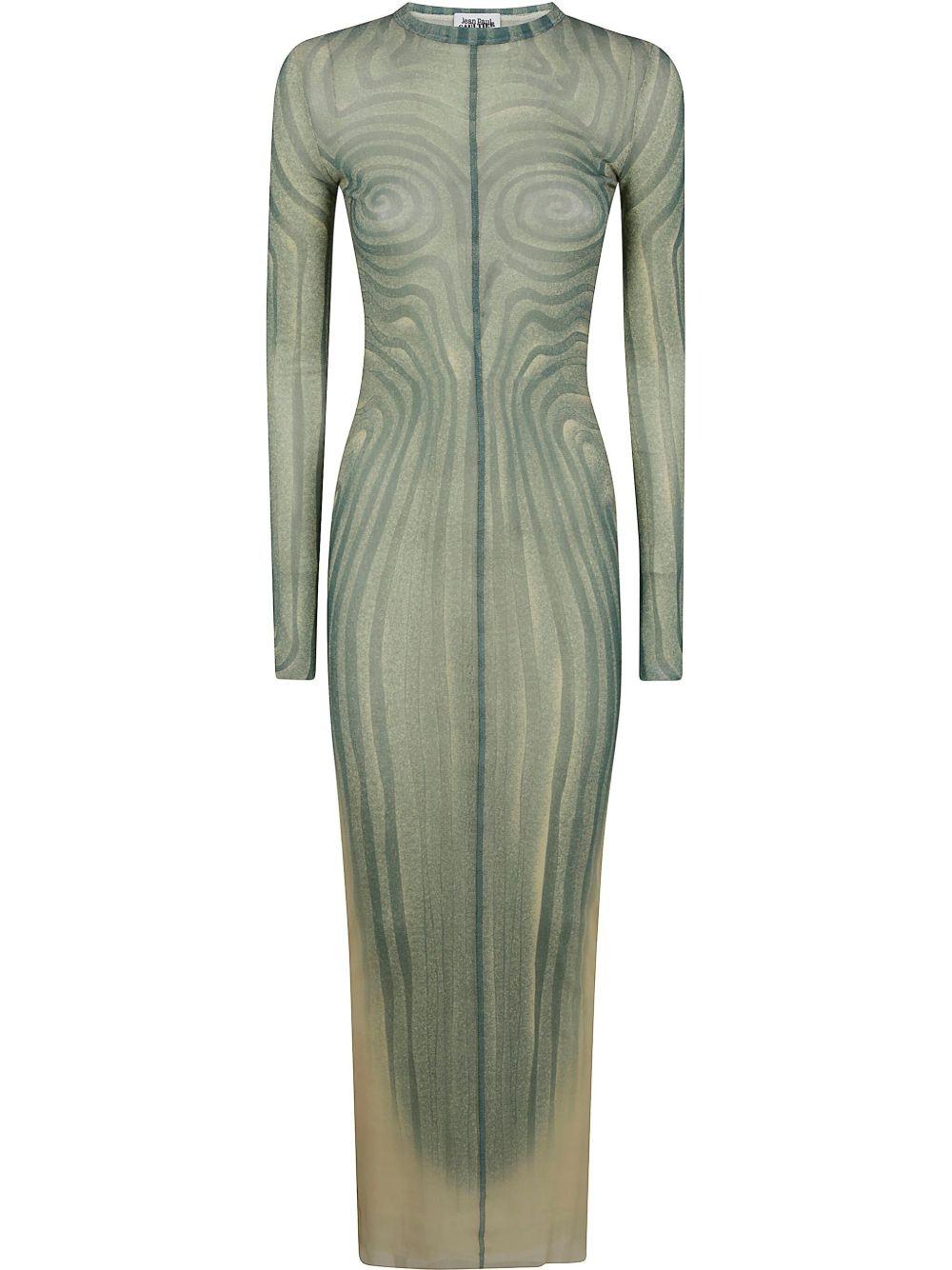 JEAN PAUL GAULTIER Mesh Long Dress With Spiral Print And Ruffles In Beige Product Image