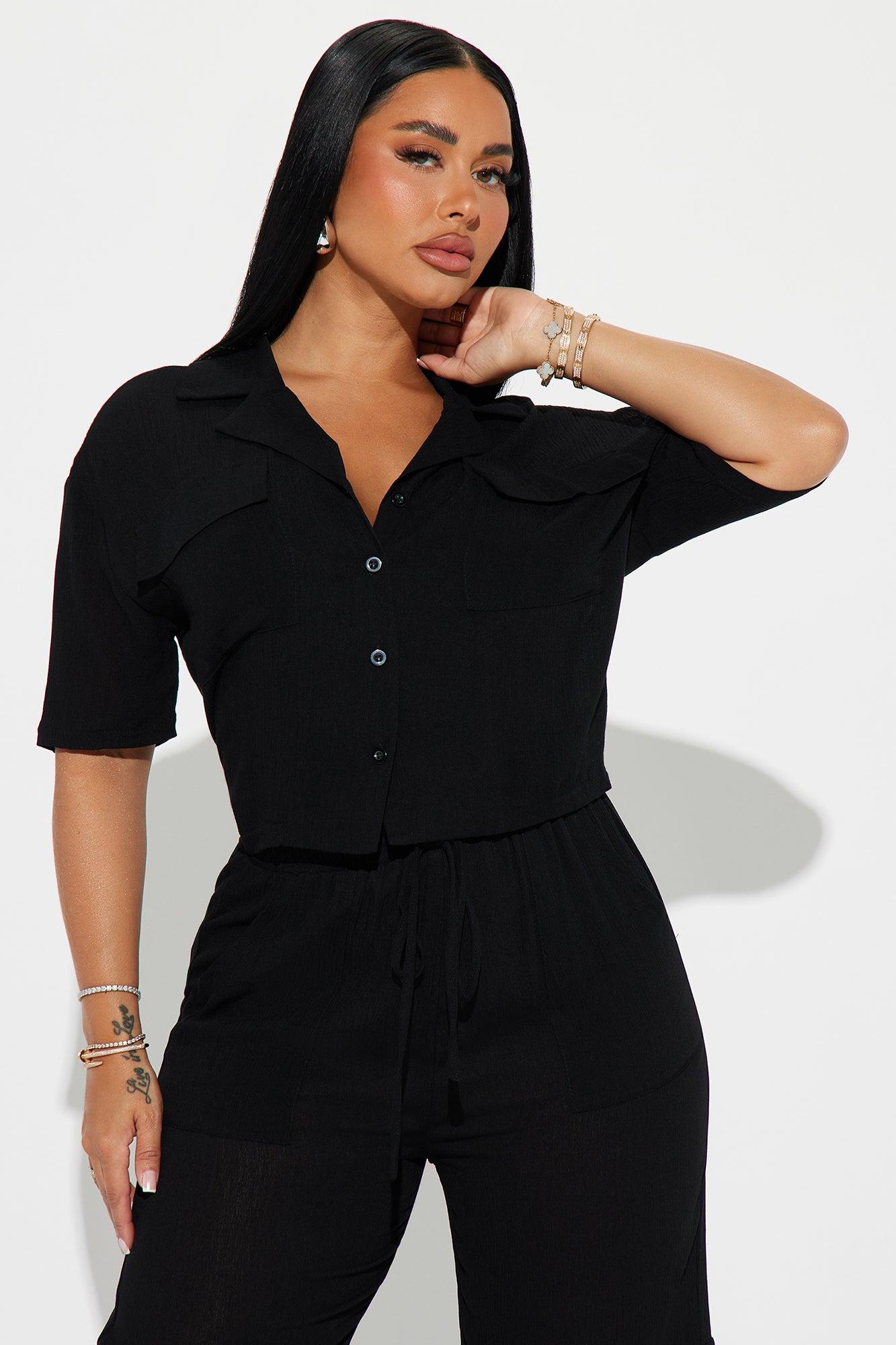 Breezy Paradise Linen Cover Up Cargo Pants Set - Black Product Image