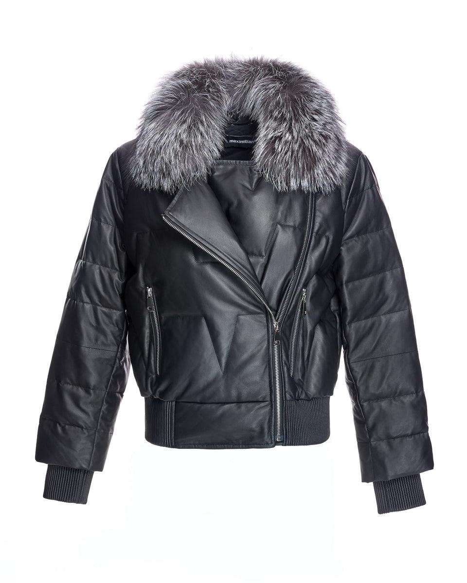 Leather Bomber Jacket With Silver Fox Collar Product Image