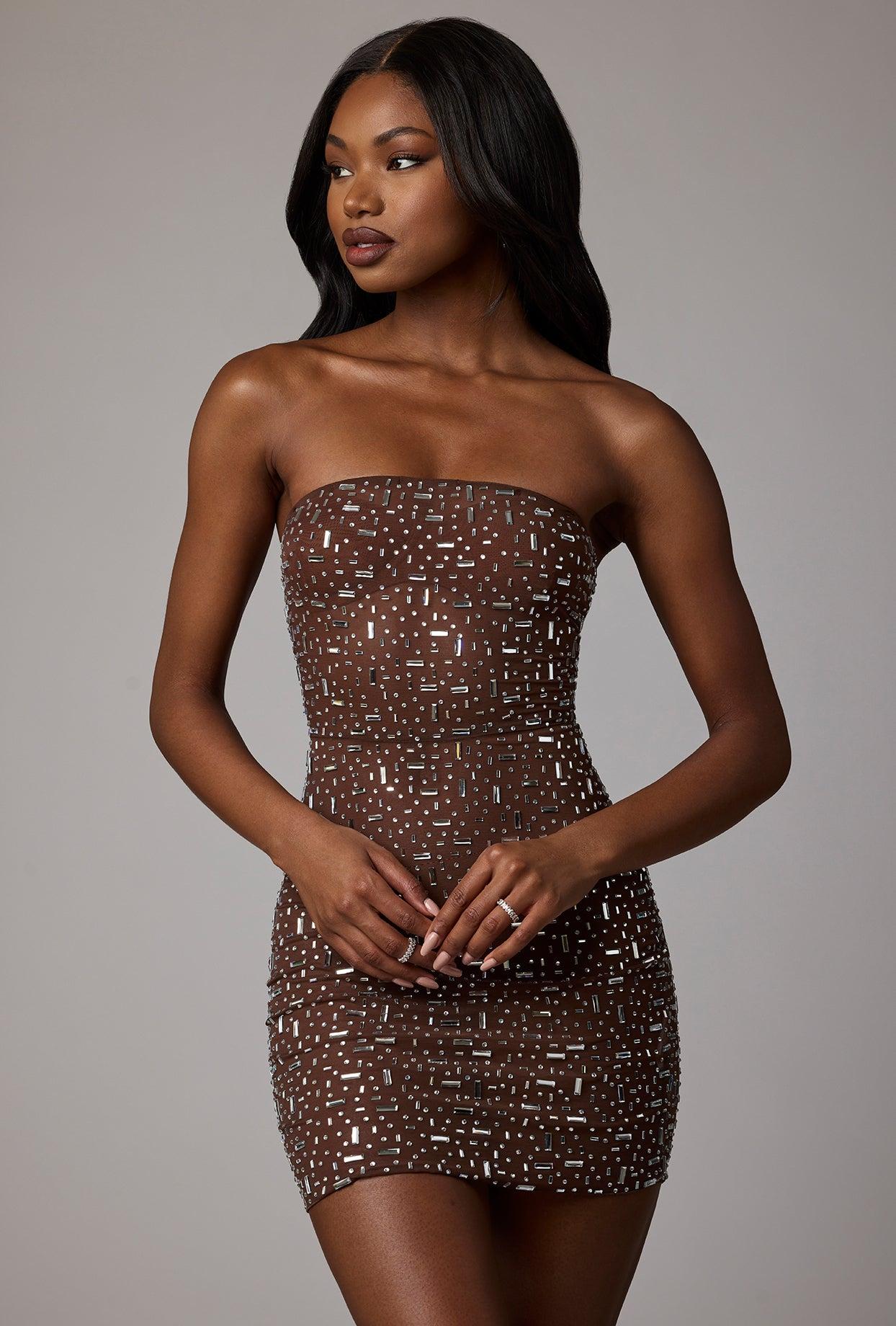 Sheer Embellished Bodycon Mini Dress in Deep Cocoa Product Image