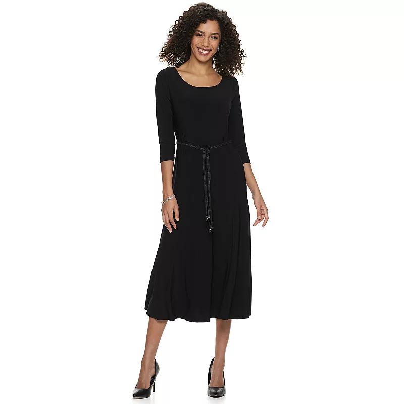 Women's Nina Leonard Three-Quarter Sleeve Belted Midi Dress,  Product Image