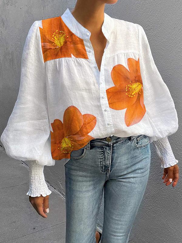 Loose Puff Sleeves Buttoned Flower Print Stand Collar Blouses&Shirts Tops Product Image