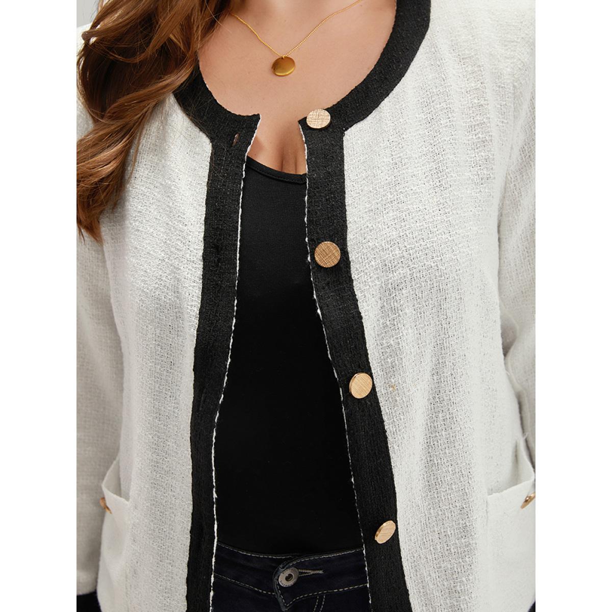 Plus Size Two Tone Tweed Buckle Detail Pocket Blazer White Women Office Plain Texture Sleeve Long Sleeve Round Neck 14-16/1X Pocket Work From Home Blazers BloomChic Product Image