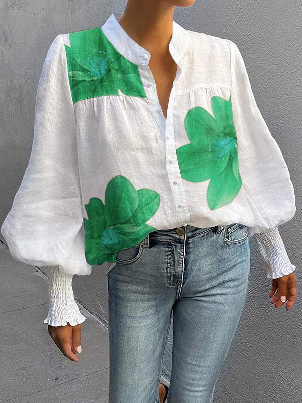 Loose Puff Sleeves Buttoned Flower Print Stand Collar Blouses&Shirts Tops Product Image