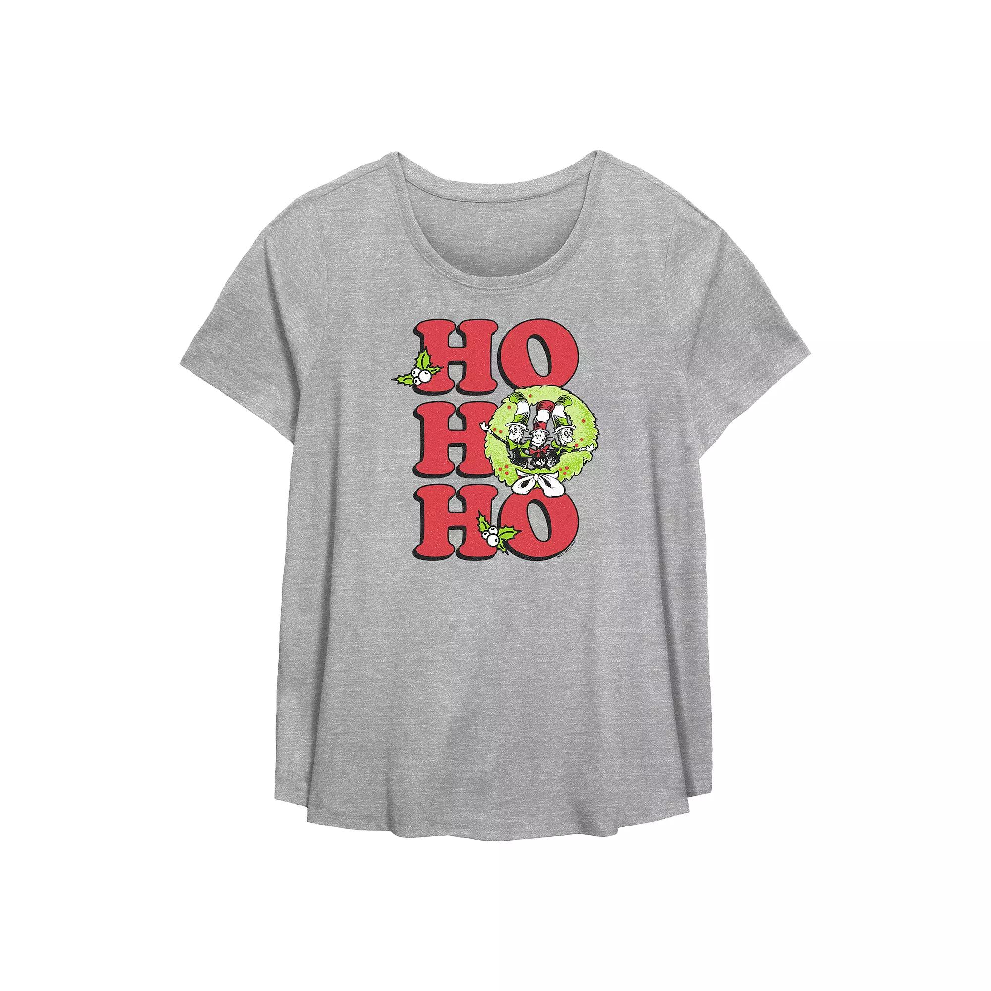 Plus Size Dr. Seuss The Cat In The Hat Christmas Wreath Ho Ho Ho Flowy Graphic Tee, Women's, Size: 2XL, Grey Gray Product Image