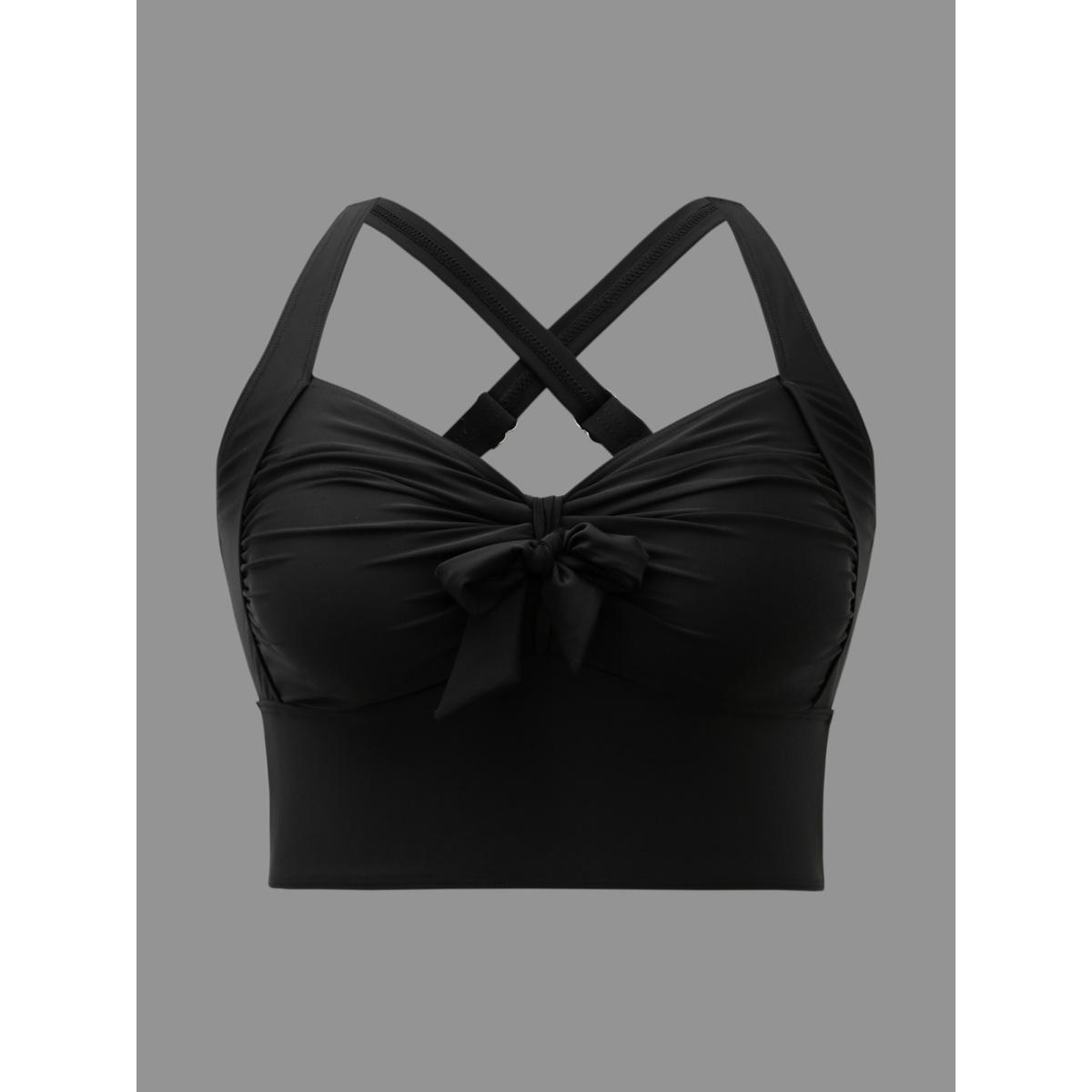 Plus Size Bow-Tie Adjustable Front Ruched Swim Top Women's Swimwear Black Beach Gathered High stretch Skinny Heart neckline Curve Swim Tops BloomChic 30/6X Product Image