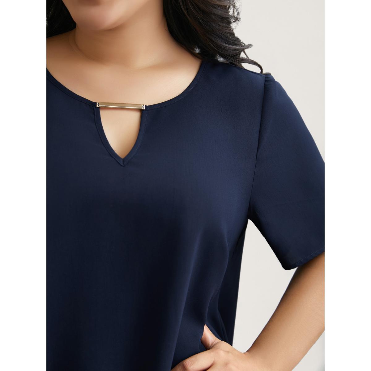 Plus Size Indigo Neck Cut-Out Color Contrast Shirt Women At the Office Short sleeve Round Neck Work Blouses BloomChic 26/4X Product Image