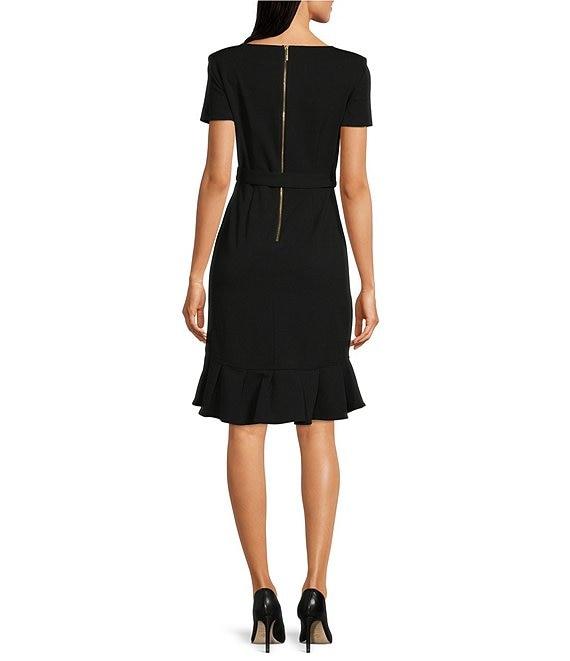 Calvin Klein Boat Neck Short Sleeve Belted Ruffle Hem Faux Wrap Dress Product Image